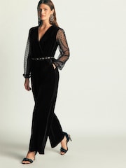 Boden Black Velvet Tulle Sleeve Jumpsuit - Image 1 of 5