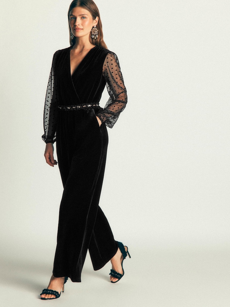 Boden Black Velvet Tulle Sleeve Jumpsuit - Image 1 of 5