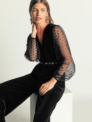 Boden Black Velvet Tulle Sleeve Jumpsuit - Image 4 of 5