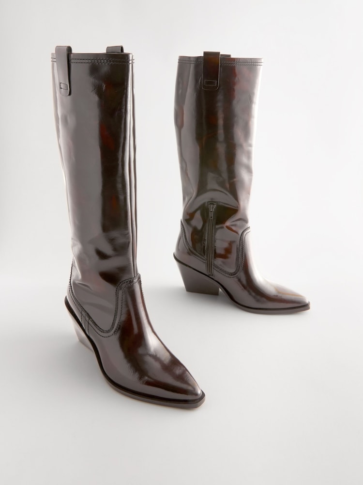 Chocolate Brown Premium Leather Knee High Heeled Cowboy Boots - Image 6 of 10