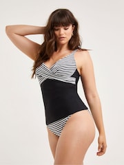 Figleaves Stripe Tailor Underwired Twist Front Tummy Control Black Tankini Top - Image 1 of 5