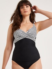 Figleaves Stripe Tailor Underwired Twist Front Tummy Control Black Tankini Top - Image 3 of 5