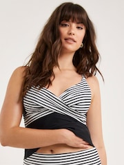 Figleaves Stripe Tailor Underwired Twist Front Tummy Control Black Tankini Top - Image 4 of 5