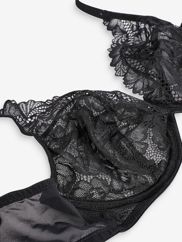 Black Non Pad Full Cup DD+ Floral Lace Bra - Image 7 of 7