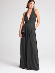 Charcoal Grey Plunge V-Neck Occasion Wide Leg Halter Jumpsuit - Image 2 of 6