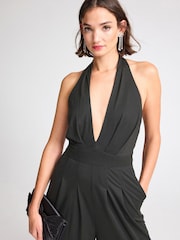 Charcoal Grey Plunge V-Neck Occasion Wide Leg Halter Jumpsuit - Image 4 of 6