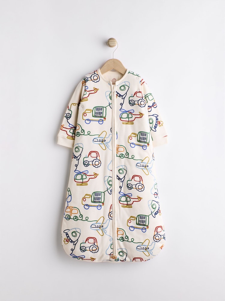 Cream Transport Print 2.5 Tog Removable Sleeve 100% Cotton Sleep Bag - Image 1 of 9