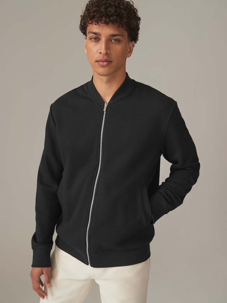 Black Textured Jersey Bomber Jacket - Image 1 of 11 Black Textured Jersey Bomber Jacket - Image 1 of 11