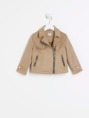 River Island Brown Chrome Girls Suedette Biker Jacket - Image 1 of 4