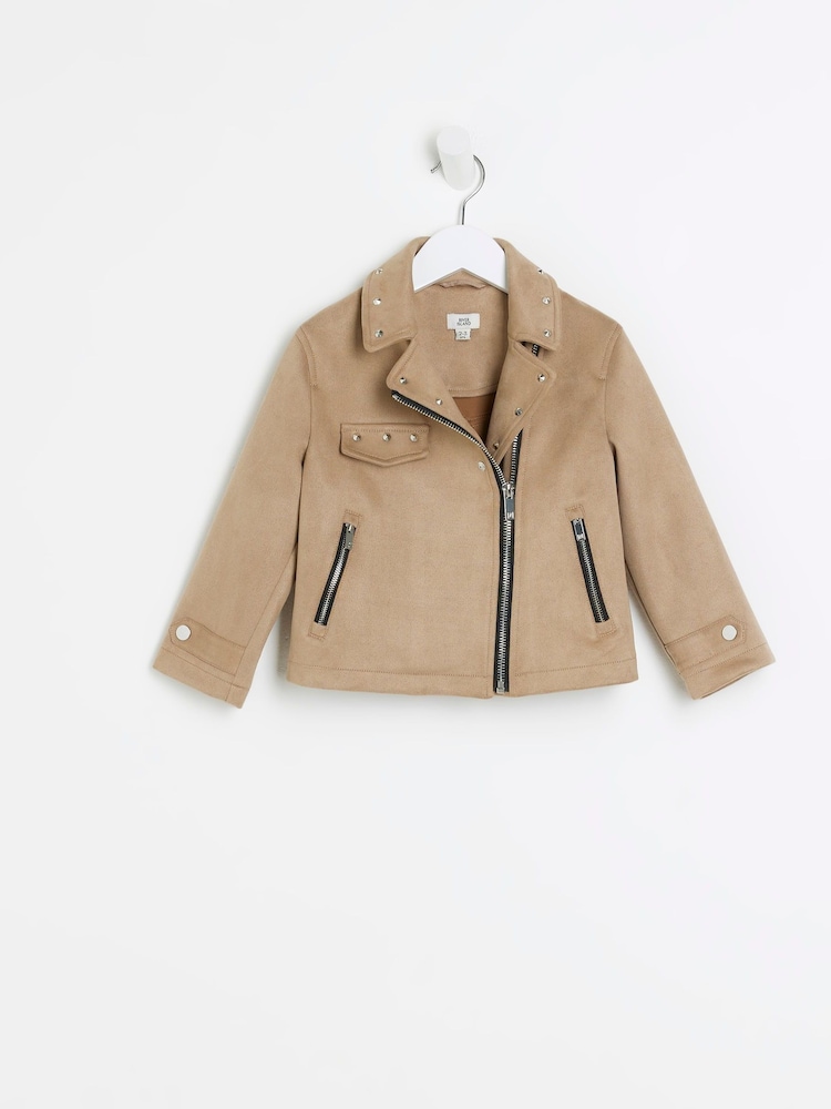 River Island Brown Chrome Girls Suedette Biker Jacket - Image 1 of 4
