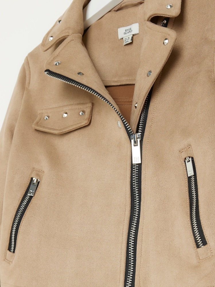 River Island Brown Chrome Girls Suedette Biker Jacket - Image 4 of 4 River Island Brown Chrome Girls Suedette Biker Jacket - Image 4 of 4