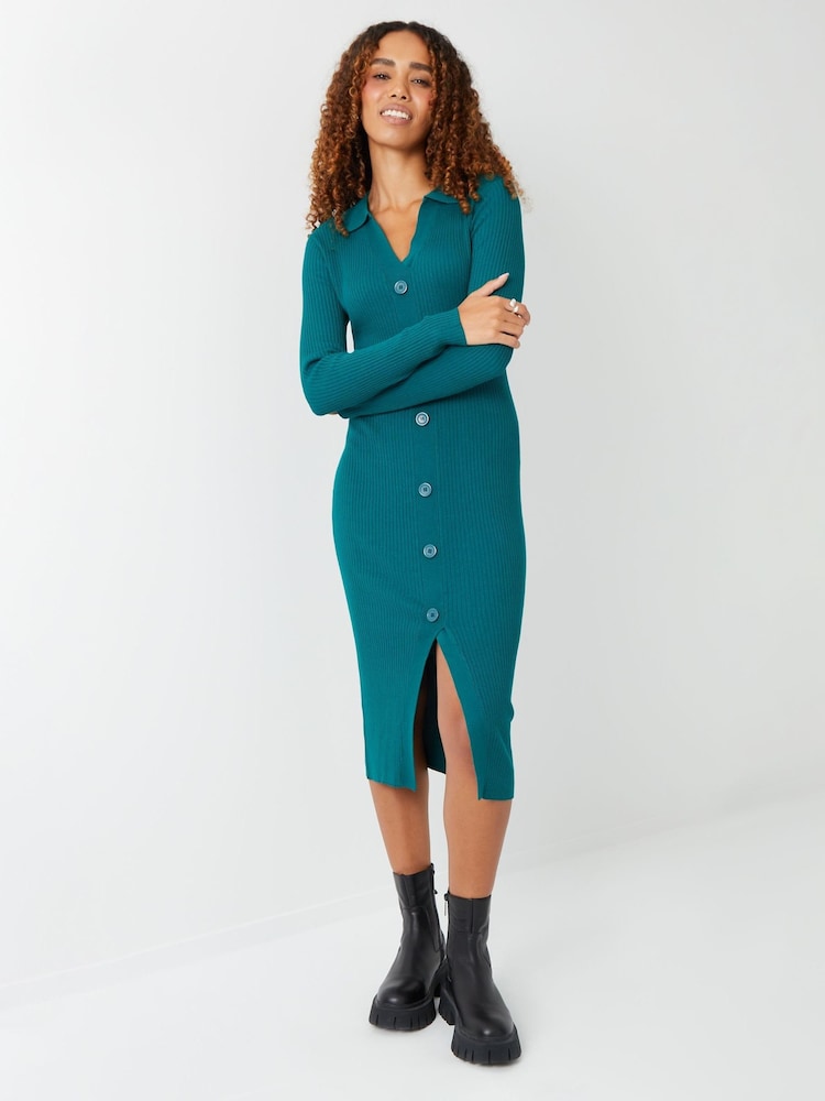 Threadbare Green Curve Ribbed Knit Cardigan Style Dress - Image 1 of 4