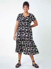 Roman Black Curve Pebble Print Tiered Midi Dress - Image 1 of 1