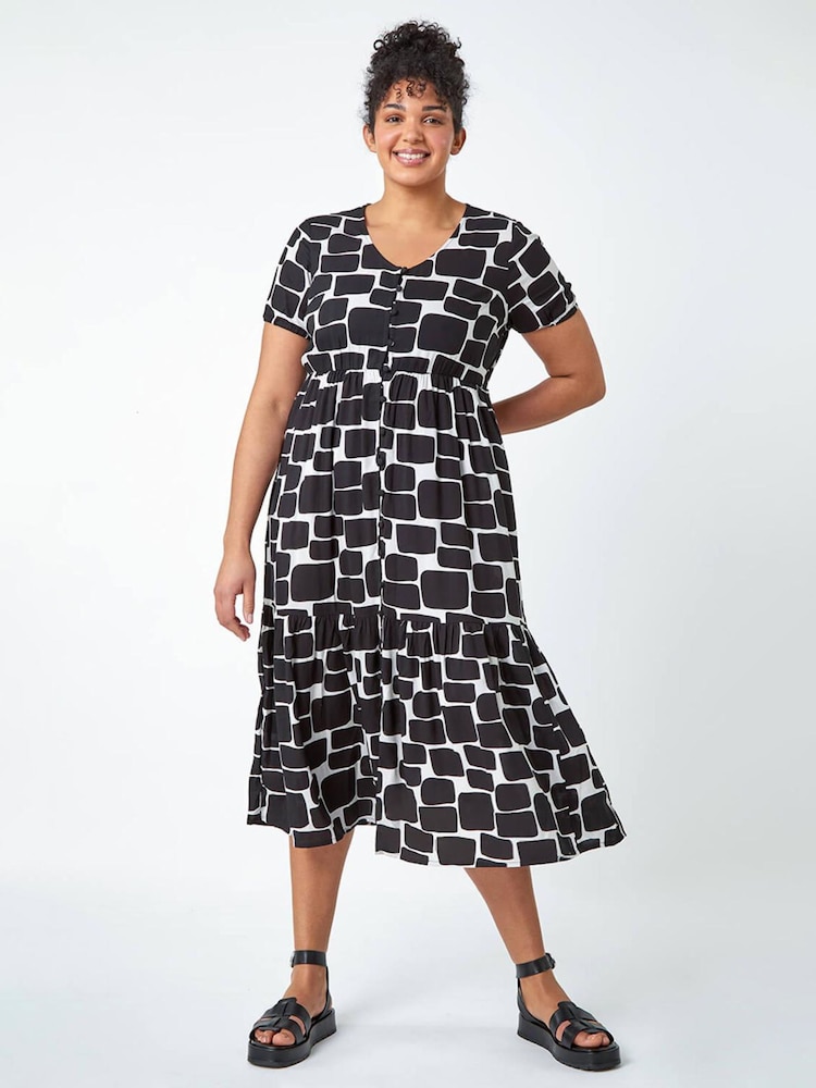 Roman Black Curve Pebble Print Tiered Midi Dress - Image 1 of 1 Roman Black Curve Pebble Print Tiered Midi Dress - Image 1 of 1