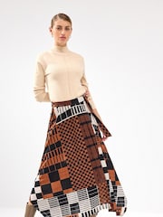 Brown Geometric Check Asymmetric Pleated Midi Skirt - Image 1 of 7