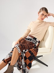 Brown Geometric Check Asymmetric Pleated Midi Skirt - Image 2 of 7