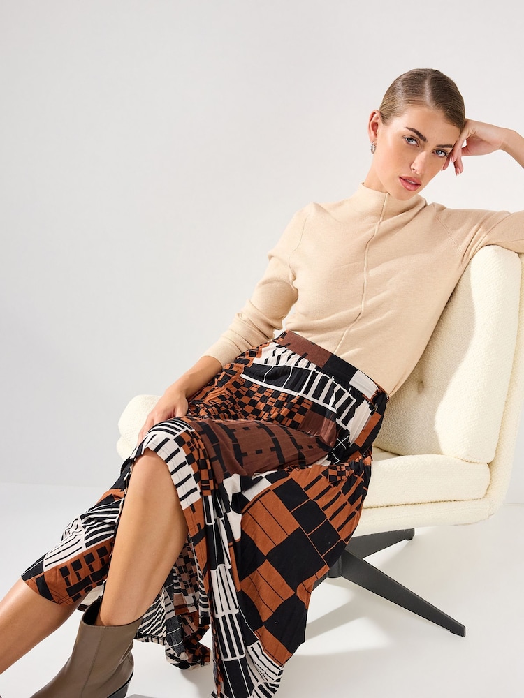 Brown Geometric Check Asymmetric Pleated Midi Skirt - Image 2 of 7