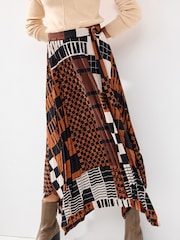 Brown Geometric Check Asymmetric Pleated Midi Skirt - Image 4 of 7