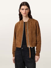 AllSaints Brown Orten Suede Bomber Jacket - Image 1 of 5