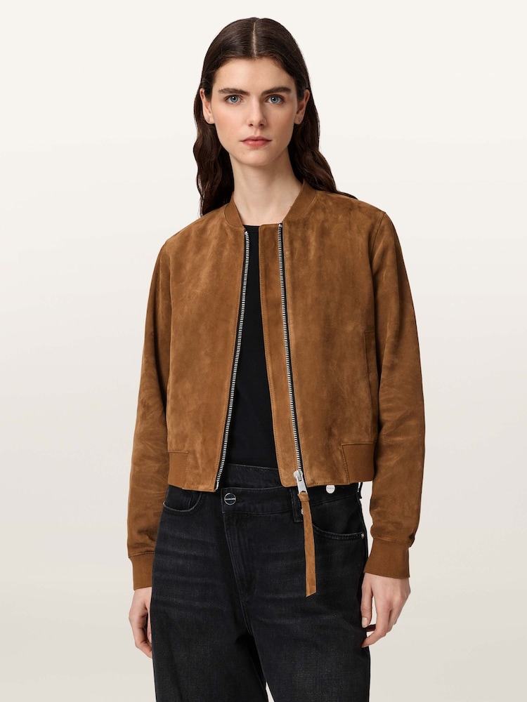 AllSaints Brown Orten Suede Bomber Jacket - Image 1 of 5
