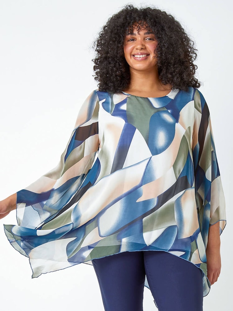 Roman Blue Curve Abstract Chiffon Overlay Top - Image 1 of 5