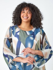 Roman Blue Curve Abstract Chiffon Overlay Top - Image 4 of 5