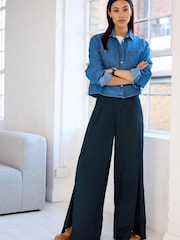 Navy Blue Linen Blend Wrap Wide Trousers - Image 1 of 5