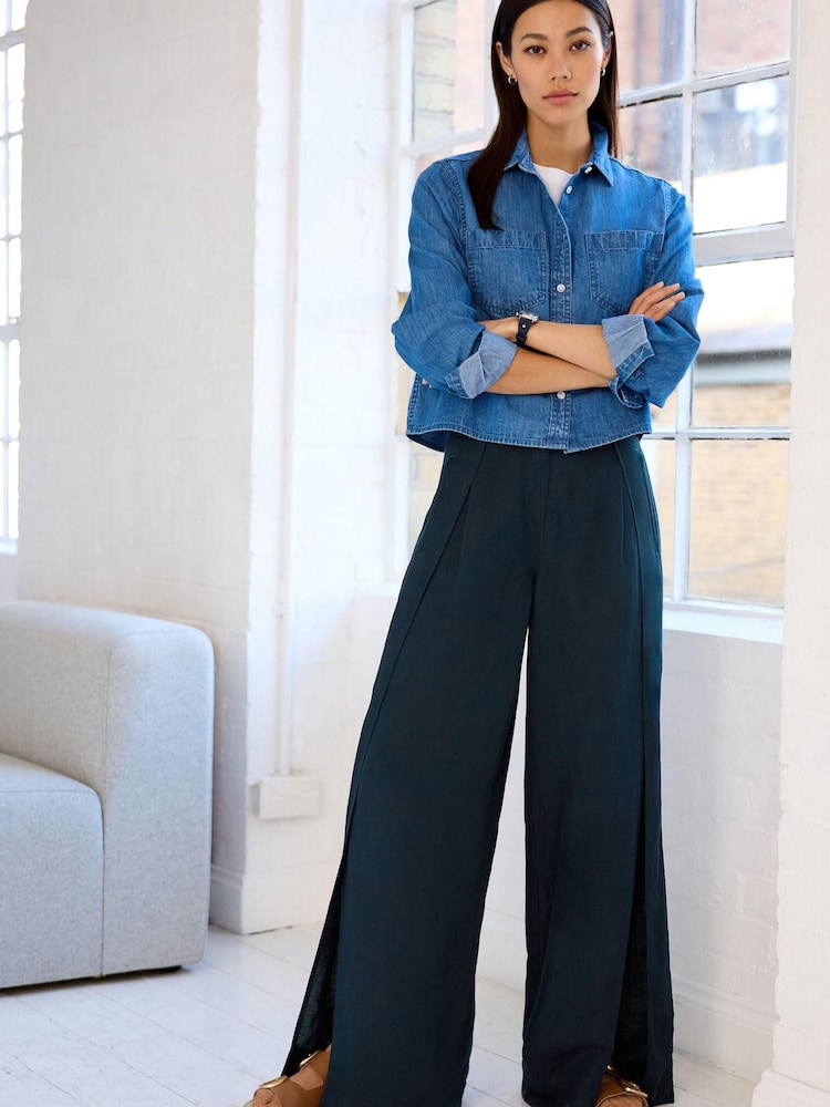 Navy Blue Linen Blend Wrap Wide Trousers - Image 1 of 5