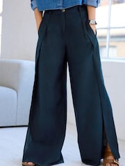 Navy Blue Linen Blend Wrap Wide Trousers - Image 2 of 5