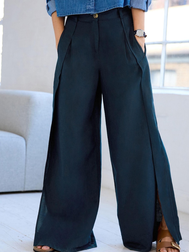 Navy Blue Linen Blend Wrap Wide Trousers - Image 2 of 5