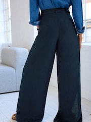 Navy Blue Linen Blend Wrap Wide Trousers - Image 3 of 5