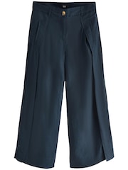 Navy Blue Linen Blend Wrap Wide Trousers - Image 5 of 5
