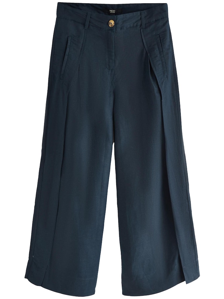 Navy Blue Linen Blend Wrap Wide Trousers - Image 5 of 5