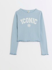 River Island Blue Girls 100% Cotton Rib Lettuce Hem Top - Image 1 of 3