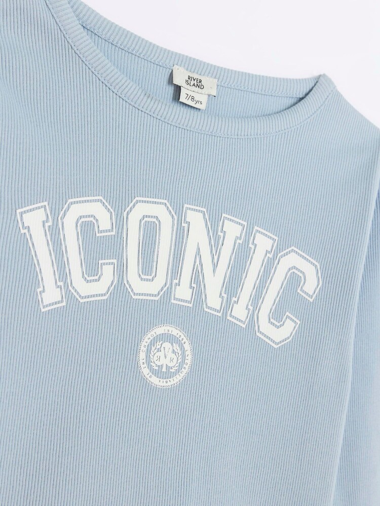River Island Blue Girls 100% Cotton Rib Lettuce Hem Top - Image 2 of 3