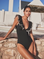 Black Broderie Plunge Broderie Frill Tummy Control Swimsuit - Image 1 of 7