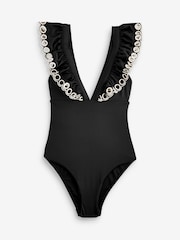 Black Broderie Plunge Broderie Frill Tummy Control Swimsuit - Image 7 of 7