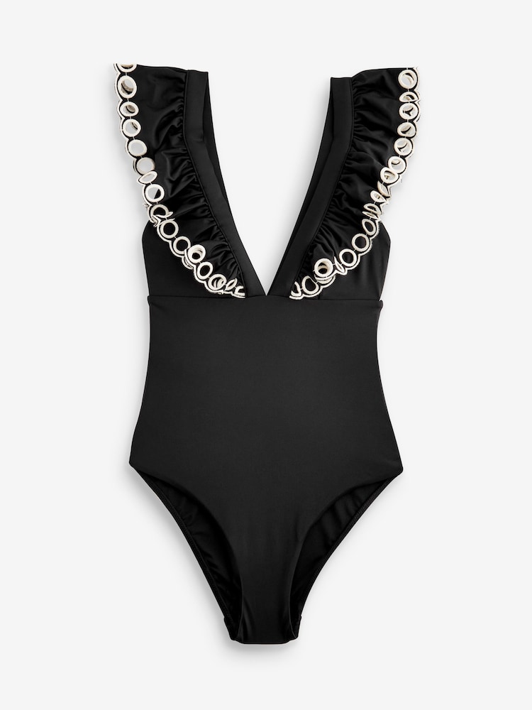 Black Broderie Plunge Broderie Frill Tummy Control Swimsuit - Image 7 of 7