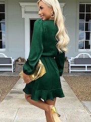 AX Paris Teal Green Green Satin Long Sleeve Pleated Shoulder Mini Dress - Image 2 of 5