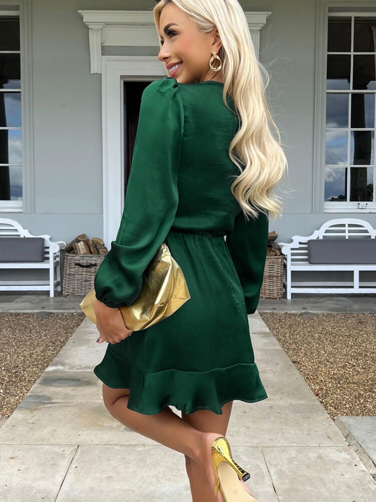 AX Paris Teal Green Green Satin Long Sleeve Pleated Shoulder Mini Dress - Image 2 of 5 AX Paris Teal Green Green Satin Long Sleeve Pleated Shoulder Mini Dress - Image 2 of 5