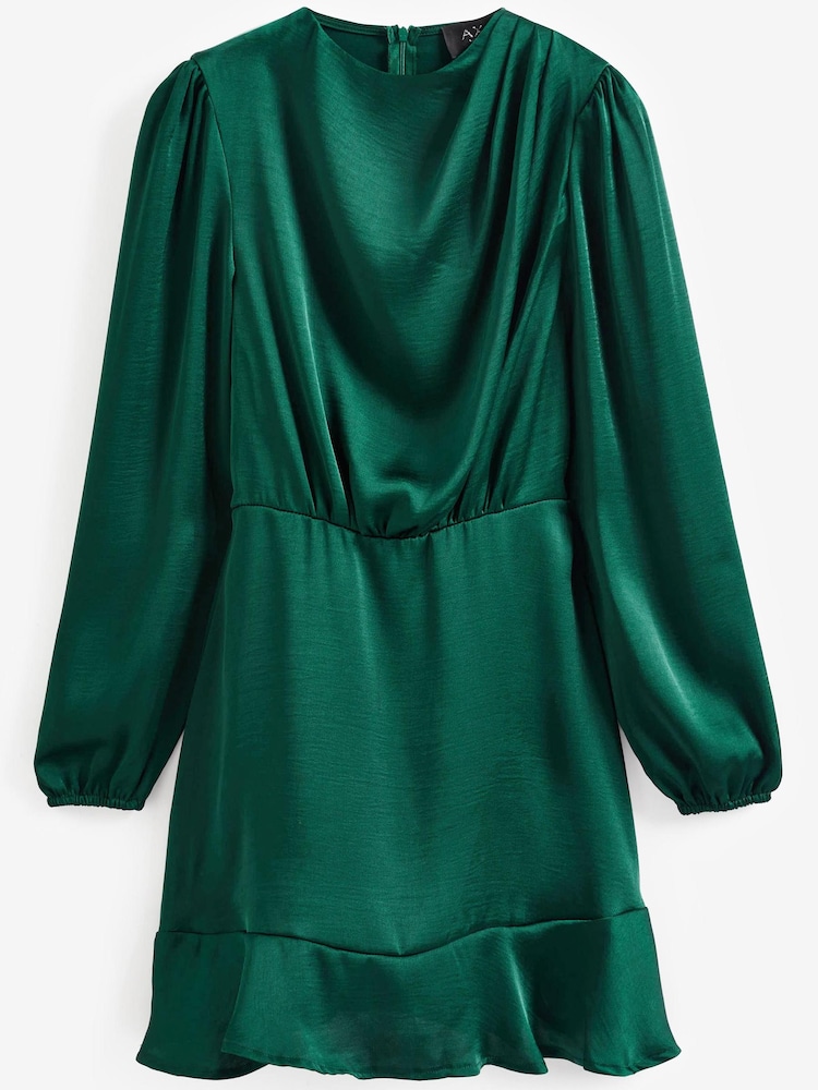 AX Paris Teal Green Green Satin Long Sleeve Pleated Shoulder Mini Dress - Image 5 of 5