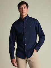 Charles Tyrwhitt Navy Blue Regular Fit Plain Button-Down Stretch Washed Oxford Shirt - Image 2 of 6