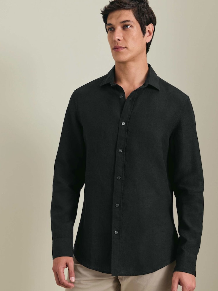 Charles Tyrwhitt Black Plain Pure Linen Shorts Sleeve Shirt - Image 1 of 6 Charles Tyrwhitt Black Plain Pure Linen Shorts Sleeve Shirt - Image 1 of 6