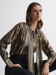 Reiss Gold Kendall Metallic Animal Print Tie Neck Blouse - Image 1 of 4