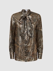 Reiss Gold Kendall Metallic Animal Print Tie Neck Blouse - Image 2 of 4