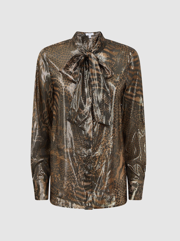 Reiss Gold Kendall Metallic Animal Print Tie Neck Blouse - Image 2 of 4