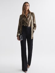 Reiss Gold Kendall Metallic Animal Print Tie Neck Blouse - Image 3 of 4