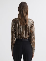 Reiss Gold Kendall Metallic Animal Print Tie Neck Blouse - Image 4 of 4