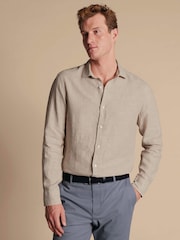 Charles Tyrwhitt Natural Plain Pure Linen Long Sleeve Shirt - Image 1 of 9