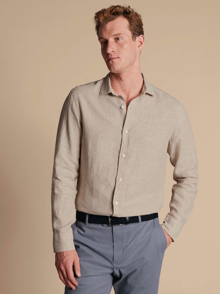 Charles Tyrwhitt Natural Plain Pure Linen Long Sleeve Shirt - Image 1 of 9